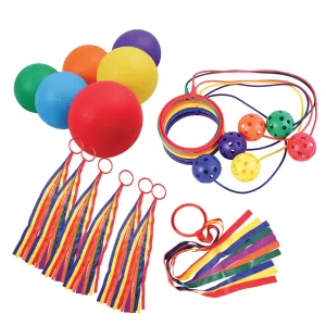 Active Play Essentials Bundle | 18-Piece Gross Motor Set with Ribbon Hoops, Ankle Hoops & Playground Balls
