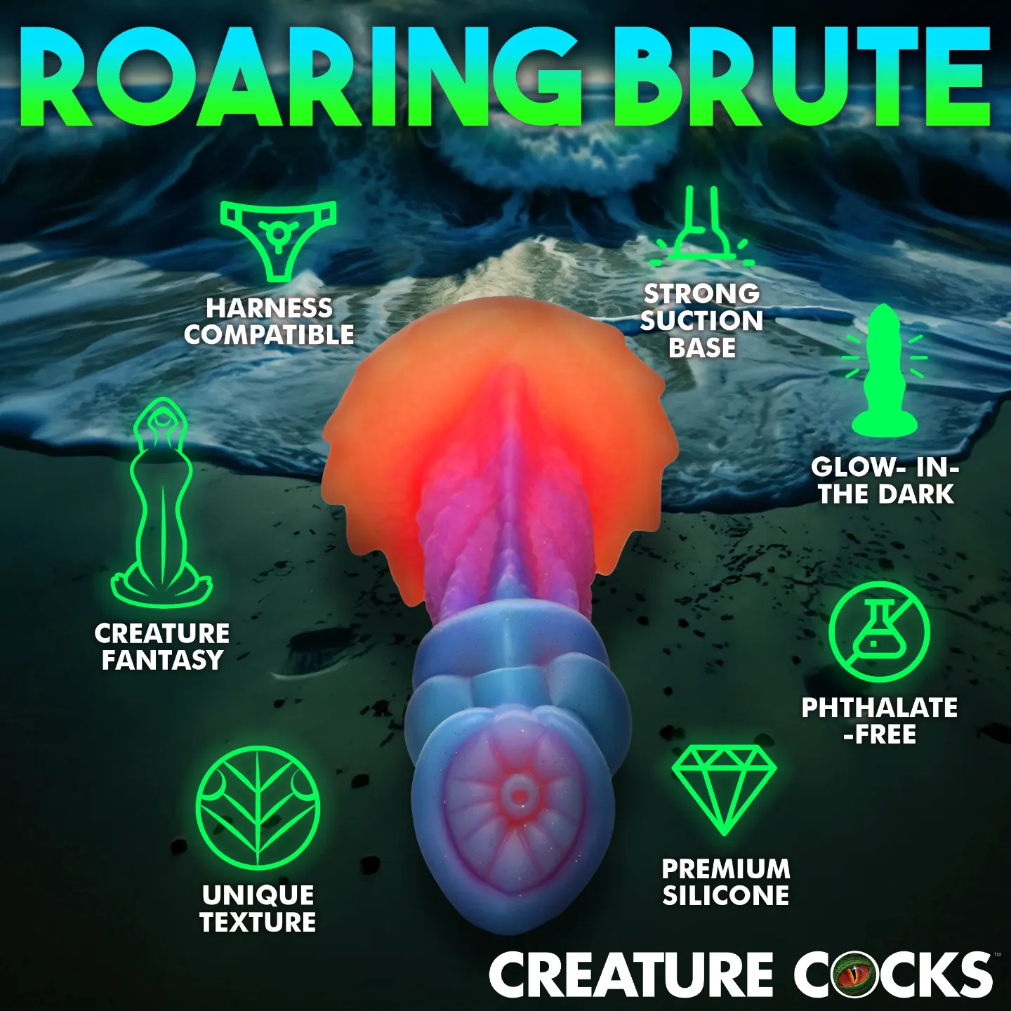 Aqua Cock Glow-In-The-Dark Dildo by Creature Cocks