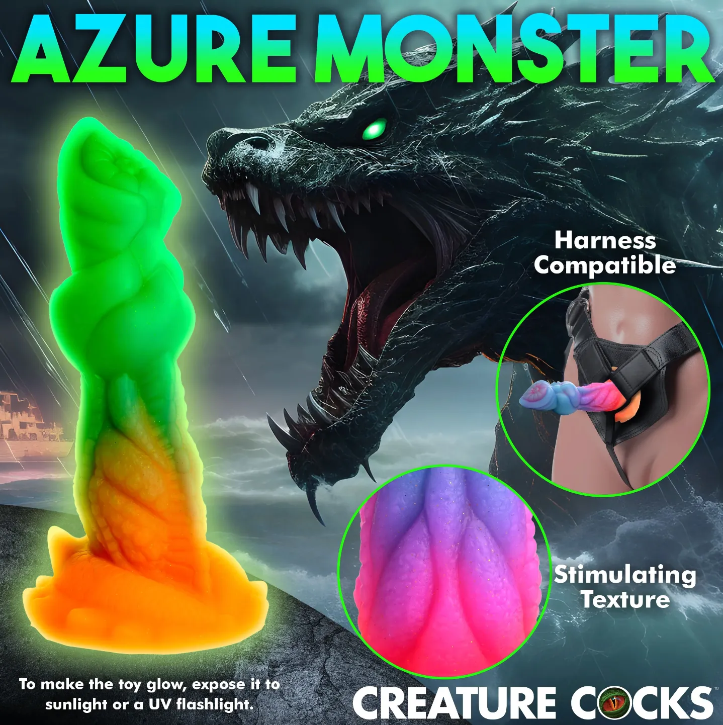 Aqua Cock Glow-In-The-Dark Dildo by Creature Cocks
