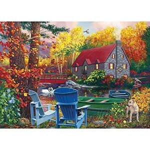 Bits And Pieces 44260 500 Piece Jigsaw Puzzle By The Lake In The Fall - Autumn Leaves Cabin Dog Tree Row Boats
