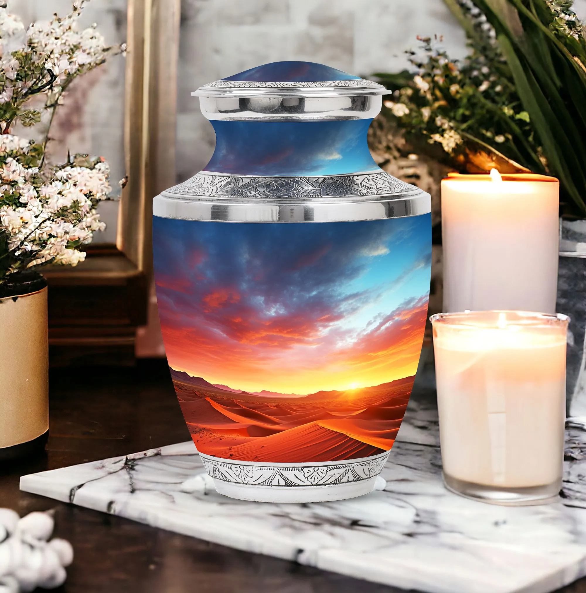 Blue Cremation Urn For Adult Male Dad - Large Desert Sands Urn For Cremation Ashes