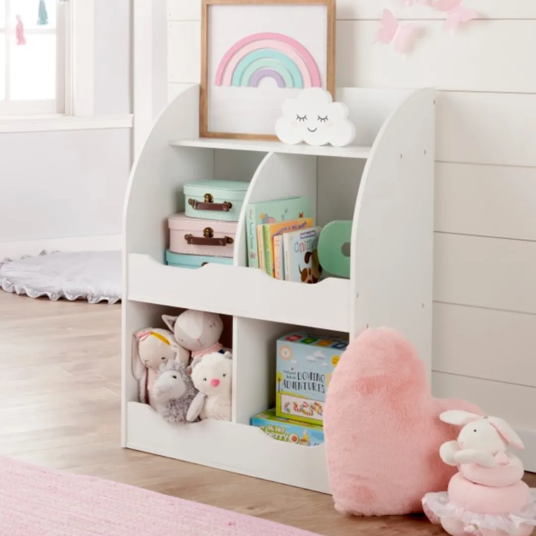 Four Bin Storage Cubby with Bookshelf - White