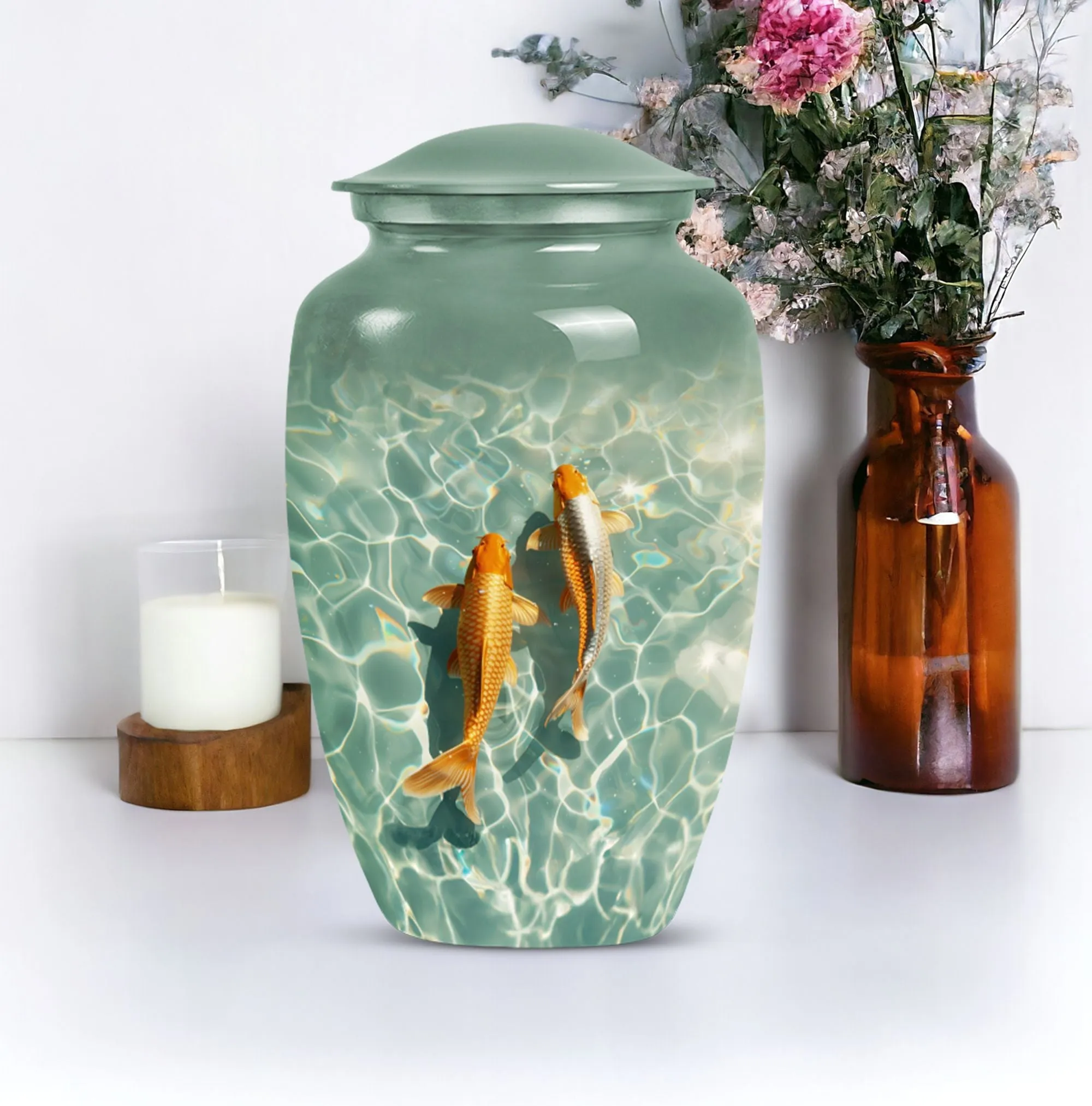Glistening Gold Fish Memorial Remembrance Cremation Urn For Ashes
