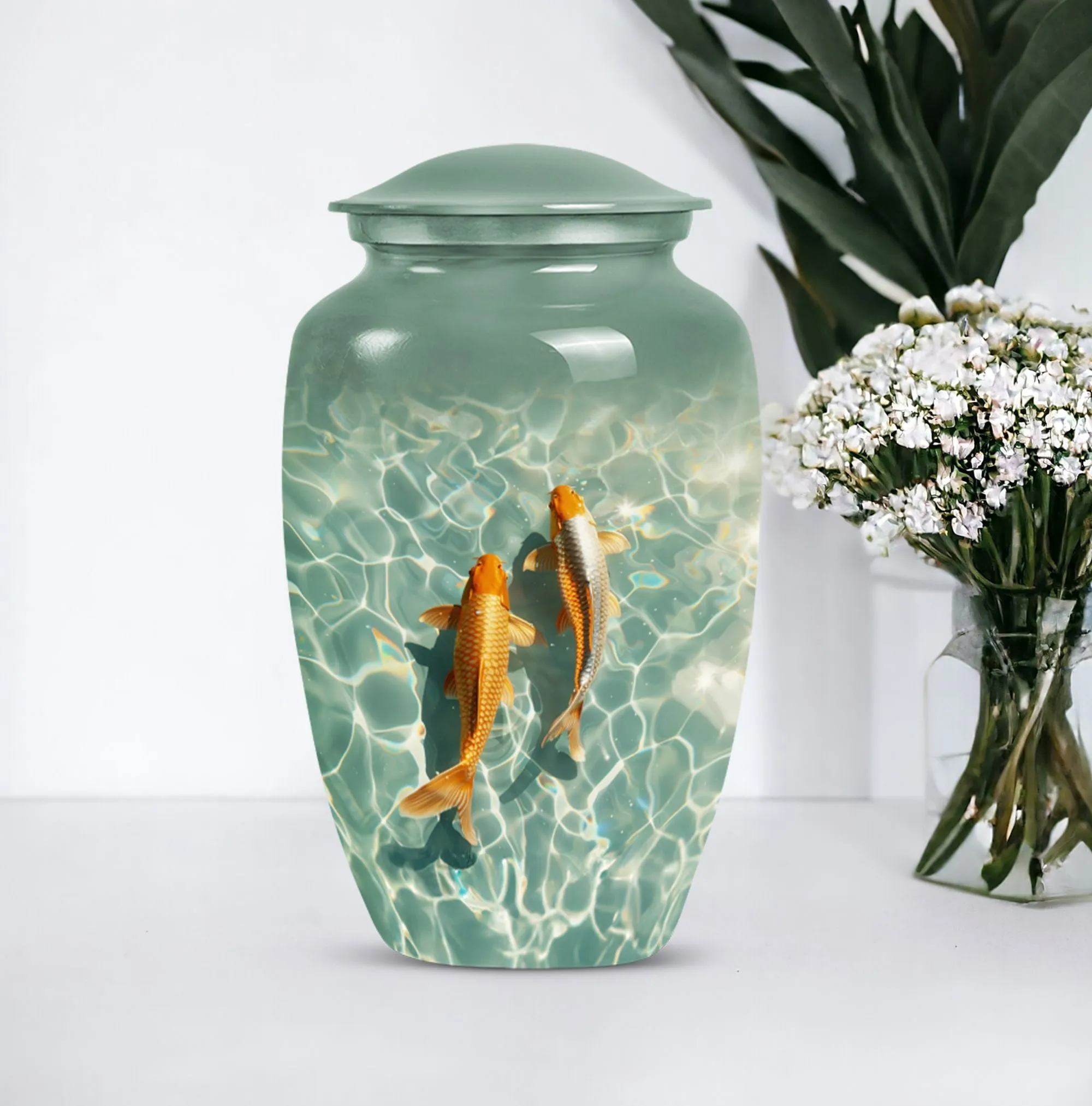 Glistening Gold Fish Memorial Remembrance Cremation Urn For Ashes