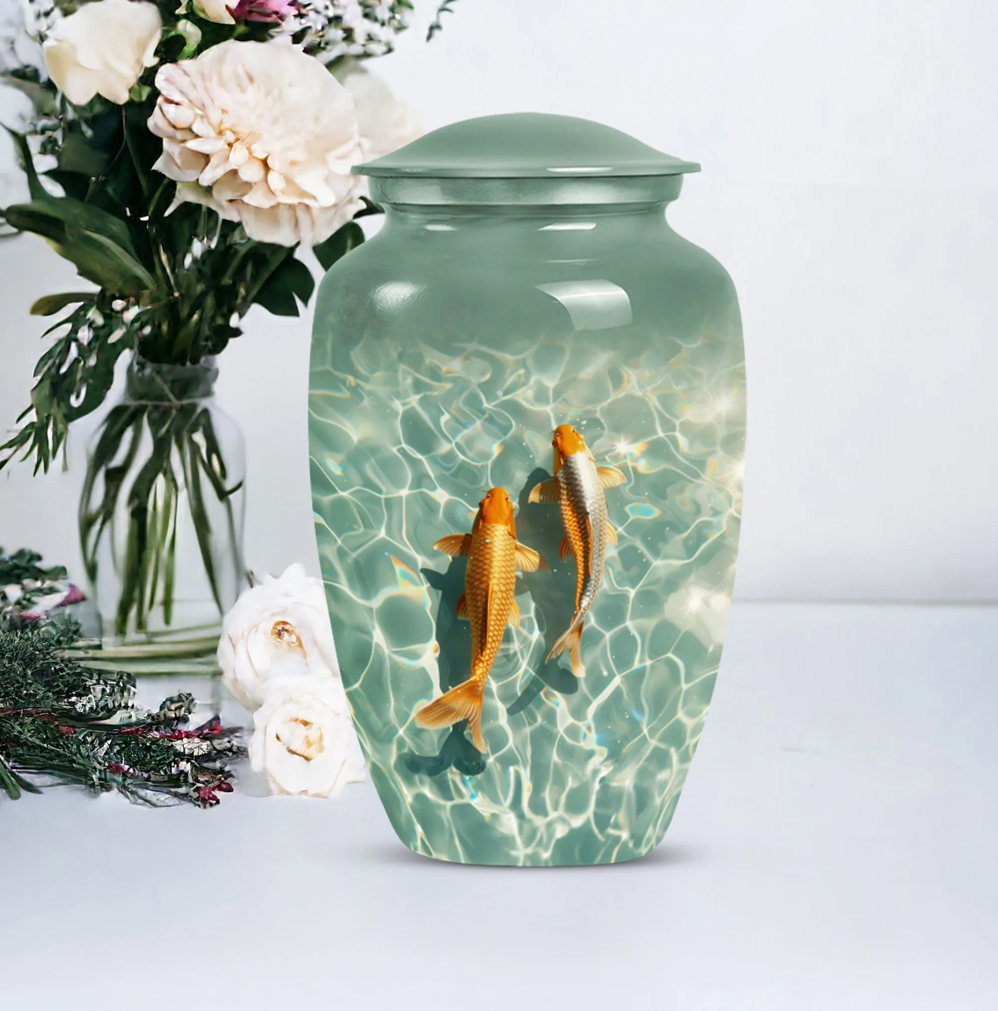 Glistening Gold Fish Memorial Remembrance Cremation Urn For Ashes
