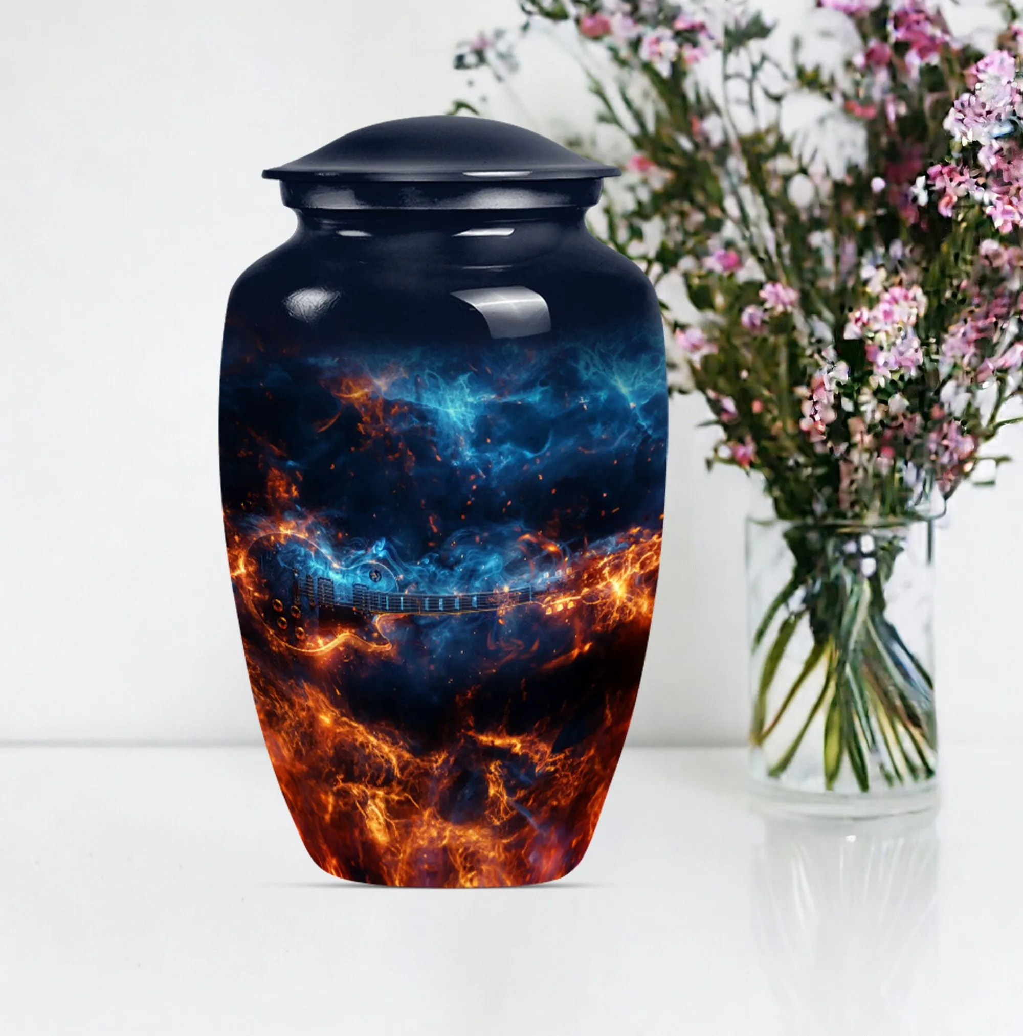 Guitar Urn and Memorial Keepsake with Abstract Design