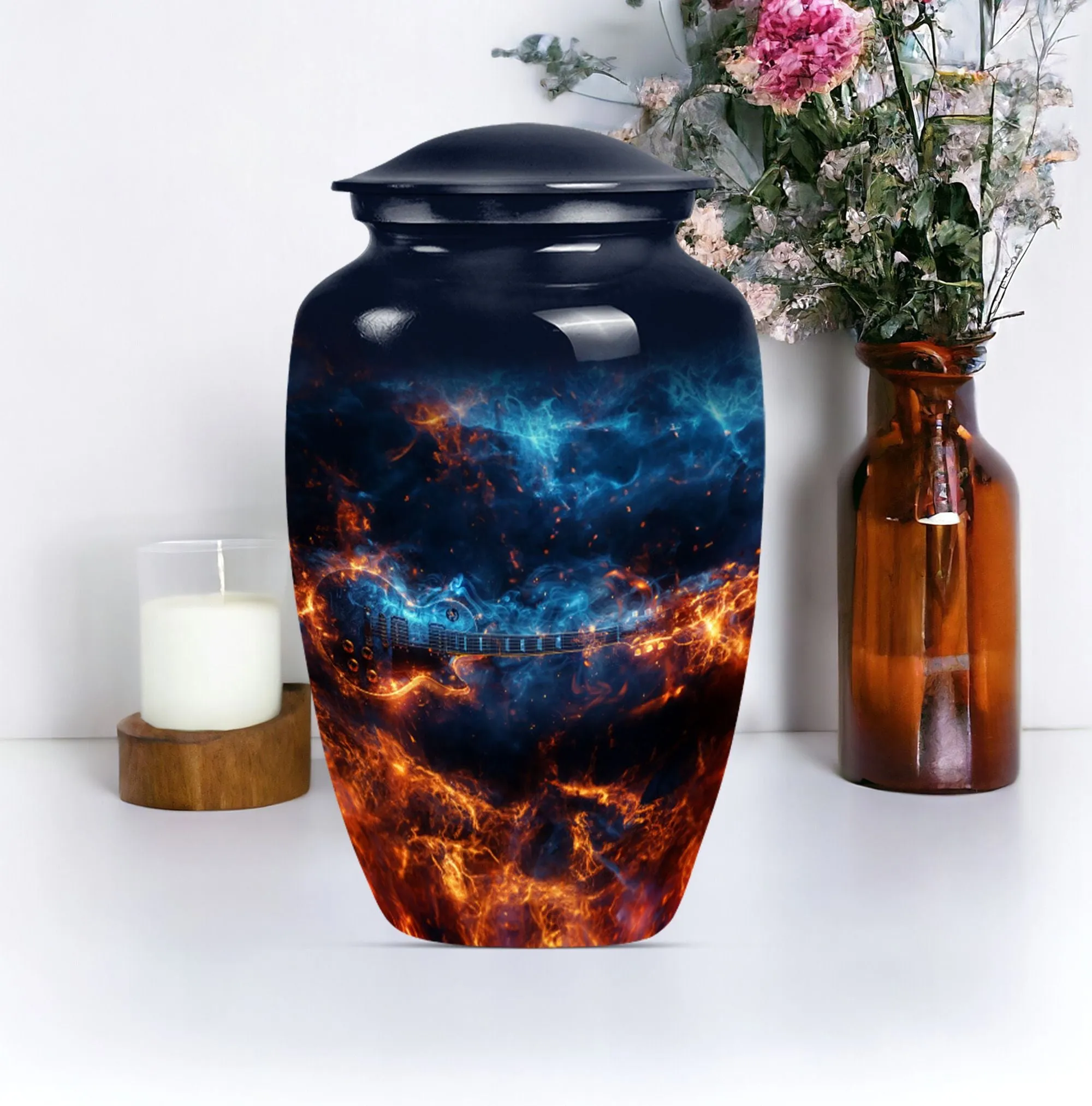 Guitar Urn and Memorial Keepsake with Abstract Design