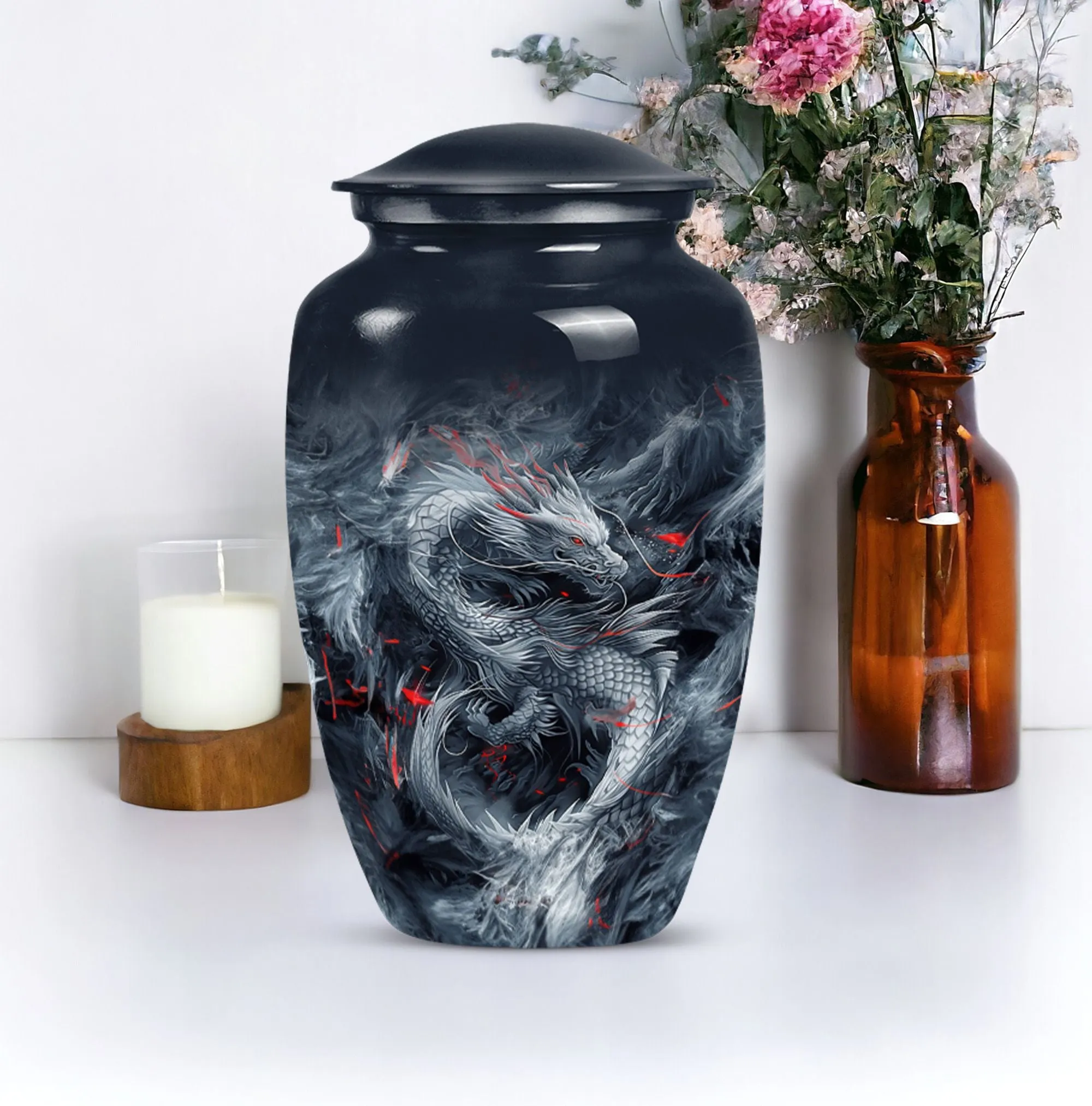 Mystic Dragon Urn: Radiant Aluminium Embodiment for Cremation