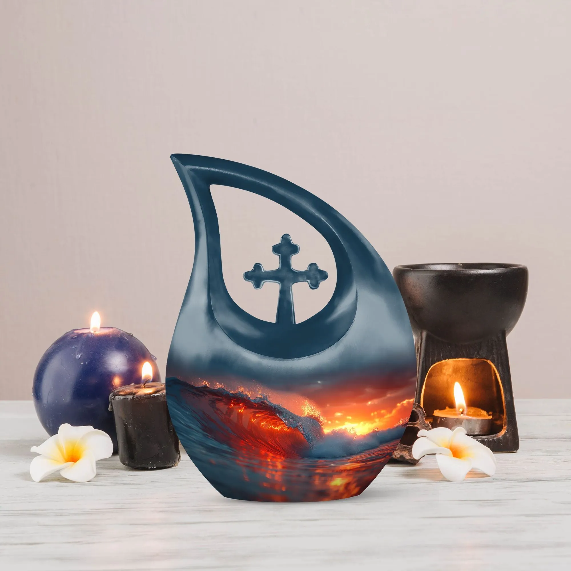 Ocean Waves Tribute: Serene Small Cremation Urn for Human Ashes