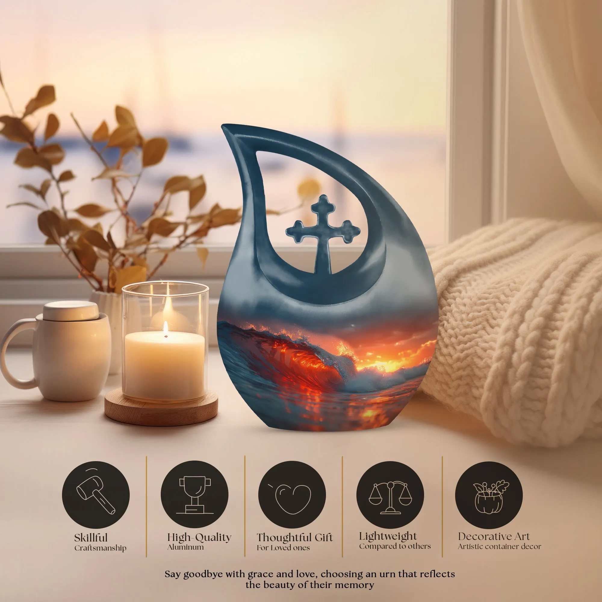 Ocean Waves Tribute: Serene Small Cremation Urn for Human Ashes