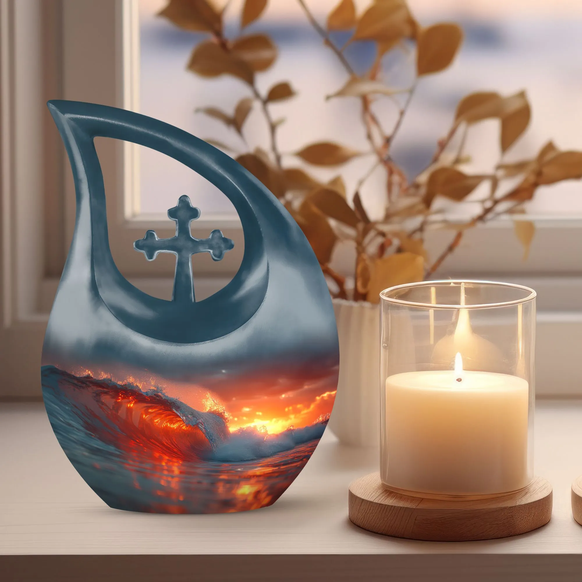 Ocean Waves Tribute: Serene Small Cremation Urn for Human Ashes