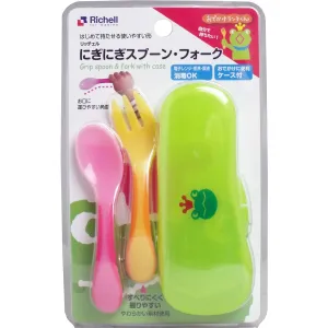 Richell - Odekake Nigi Nigi Easy Grip Baby Spoon and Fork with Storage Case