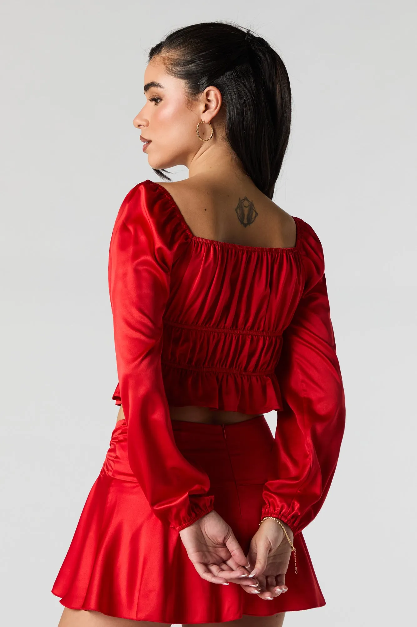Satin Front Tie Long Sleeve Top