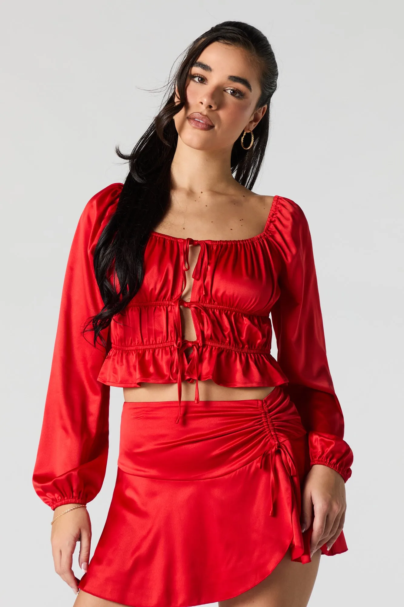 Satin Front Tie Long Sleeve Top
