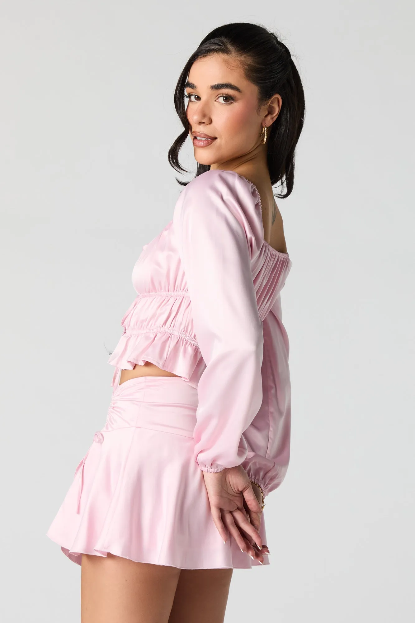 Satin Front Tie Long Sleeve Top