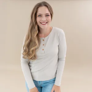 Women's Ribbed Henley Top in Oat