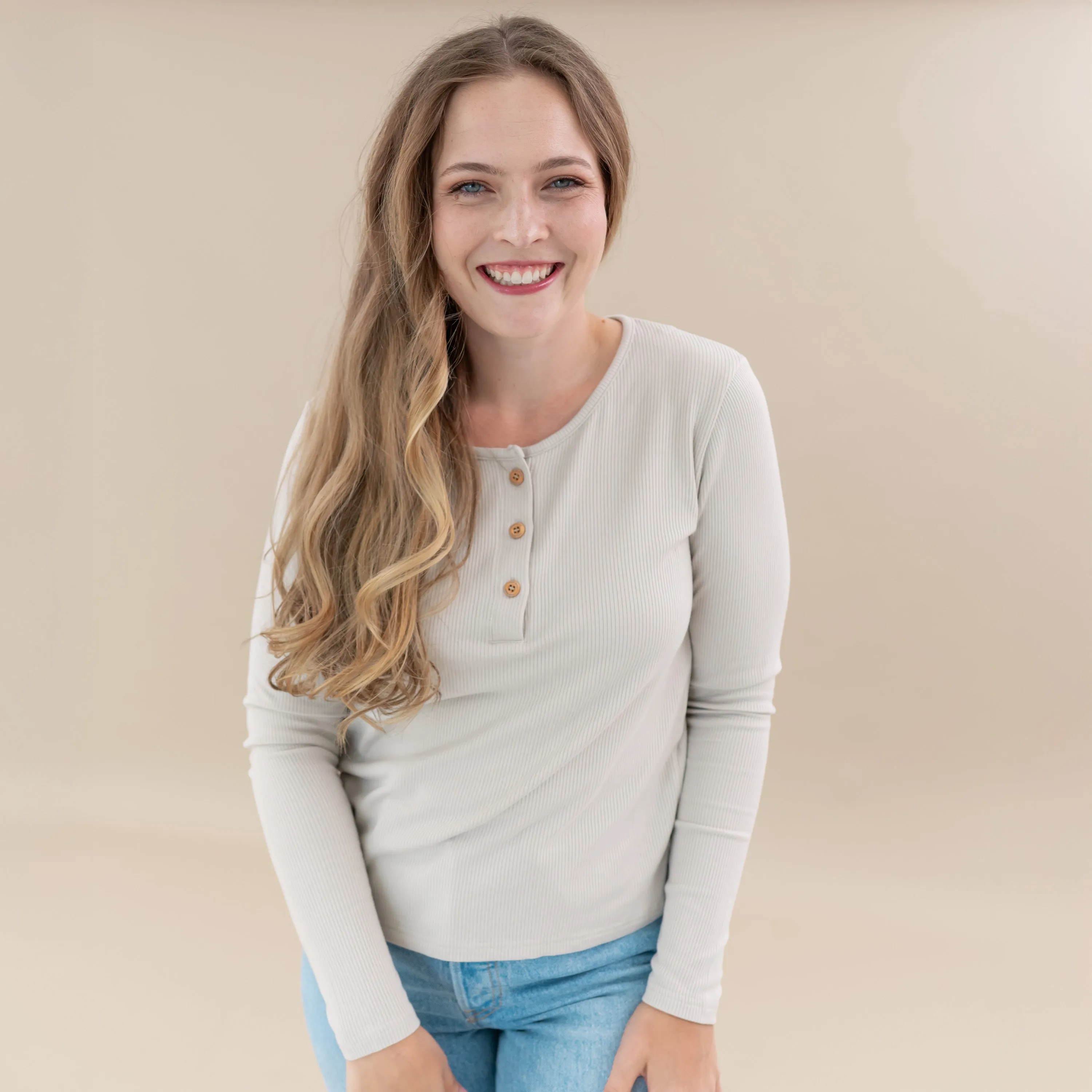 Women's Ribbed Henley Top in Oat