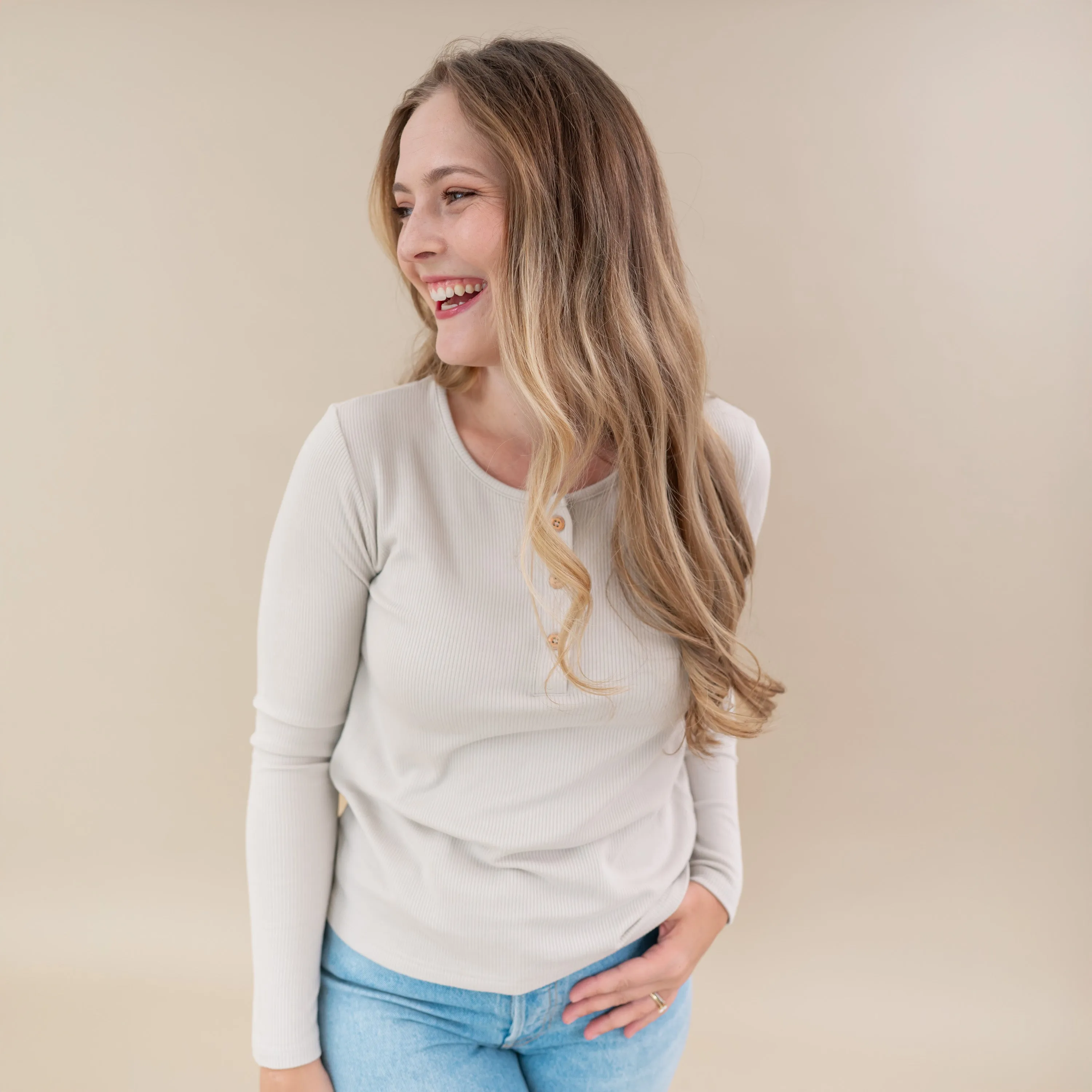 Women's Ribbed Henley Top in Oat