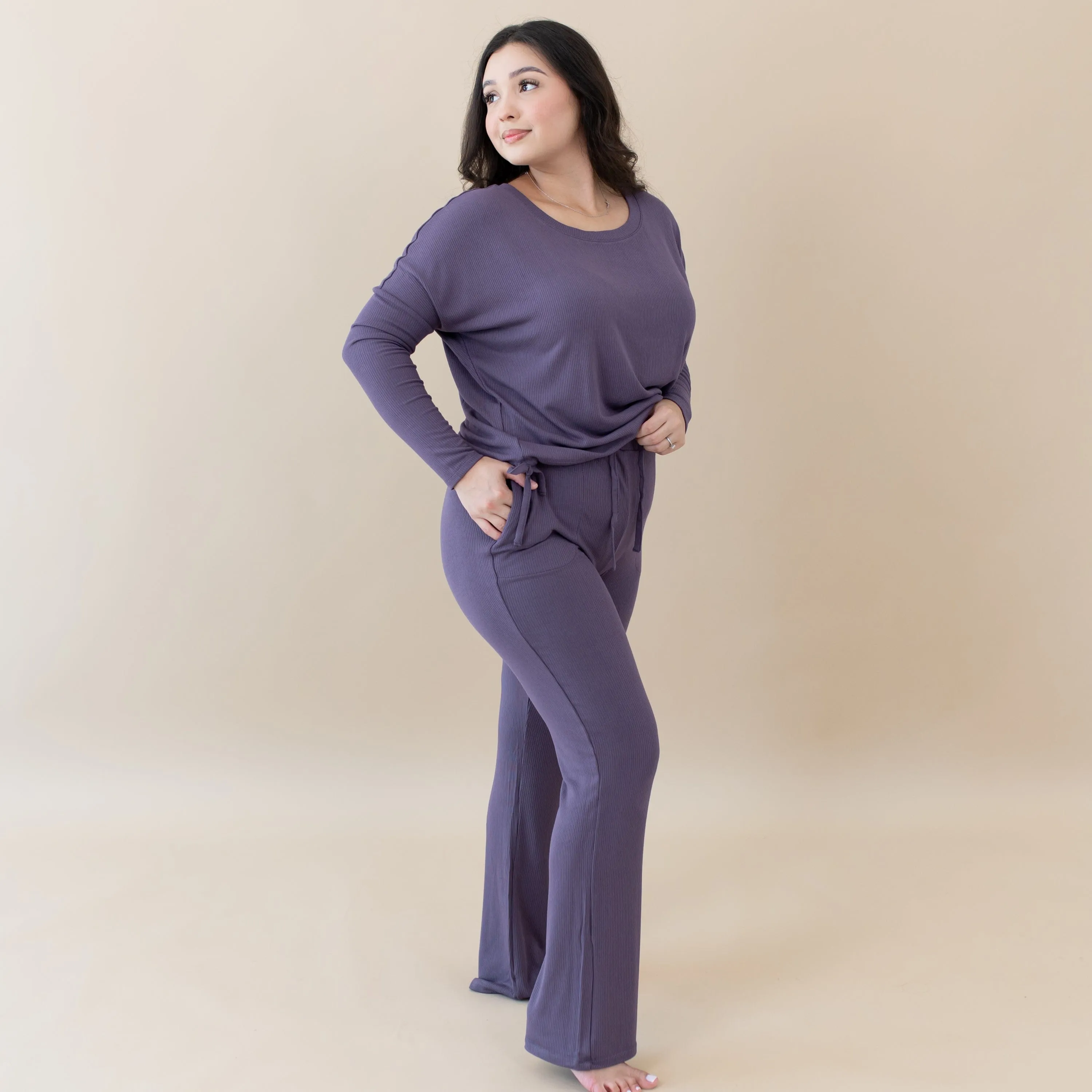 Women's Ribbed High Waisted Wide Leg Pant in Currant